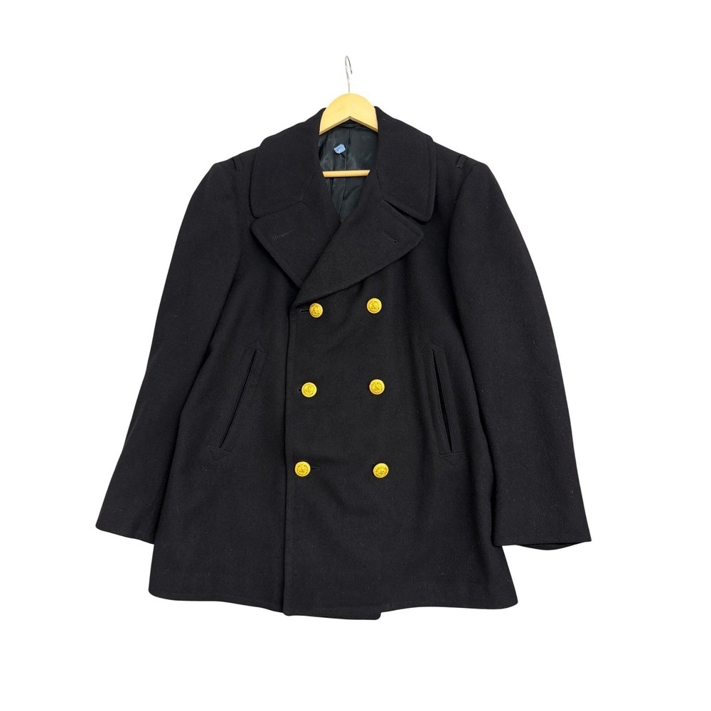 Vintage US Navy Wool Melton Pea Coat‎ 40S Mens Double Breasted Gold Buttons 1974